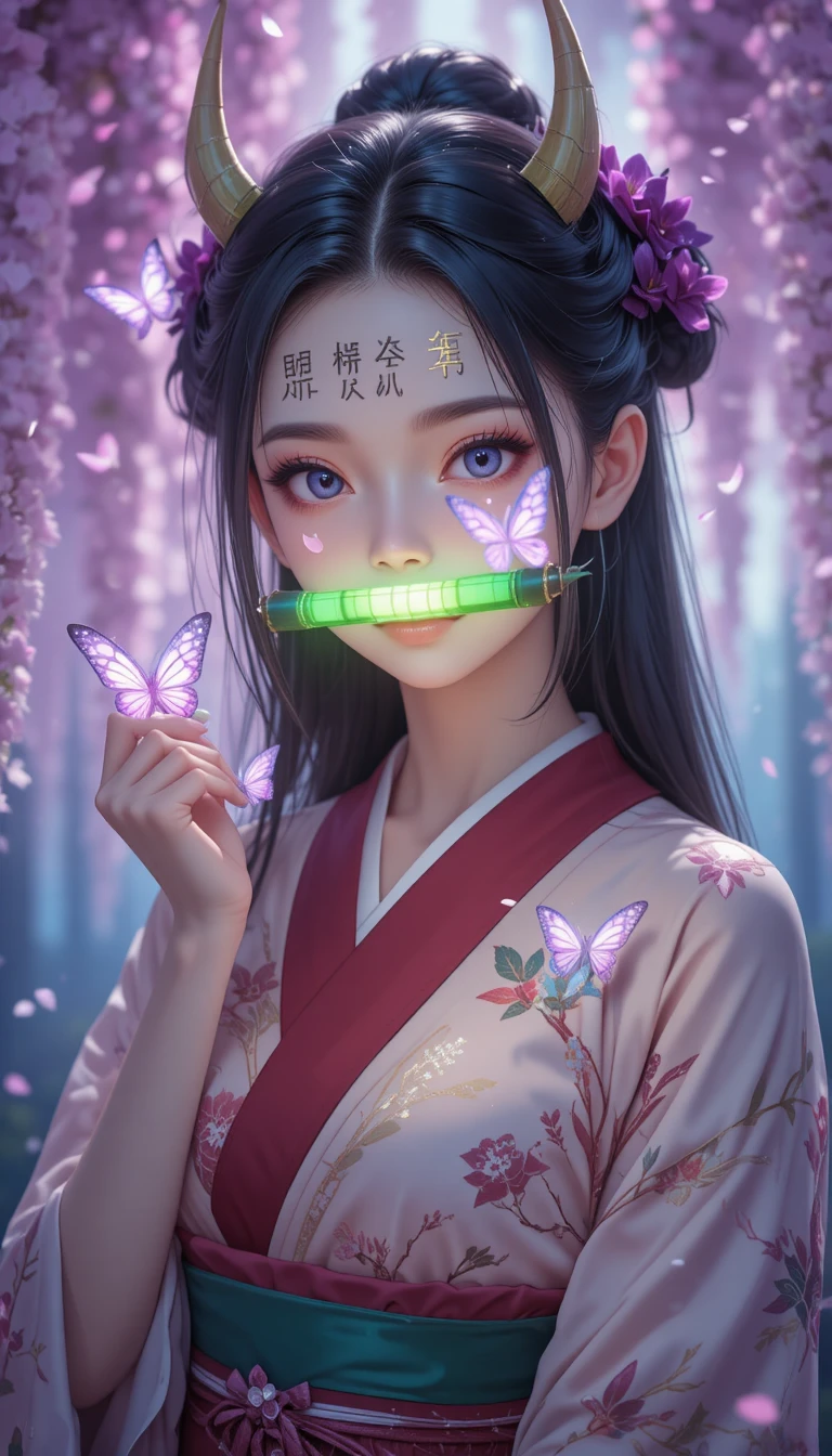 Ethereal anime demon girl with glowing runes and bamboo gag
