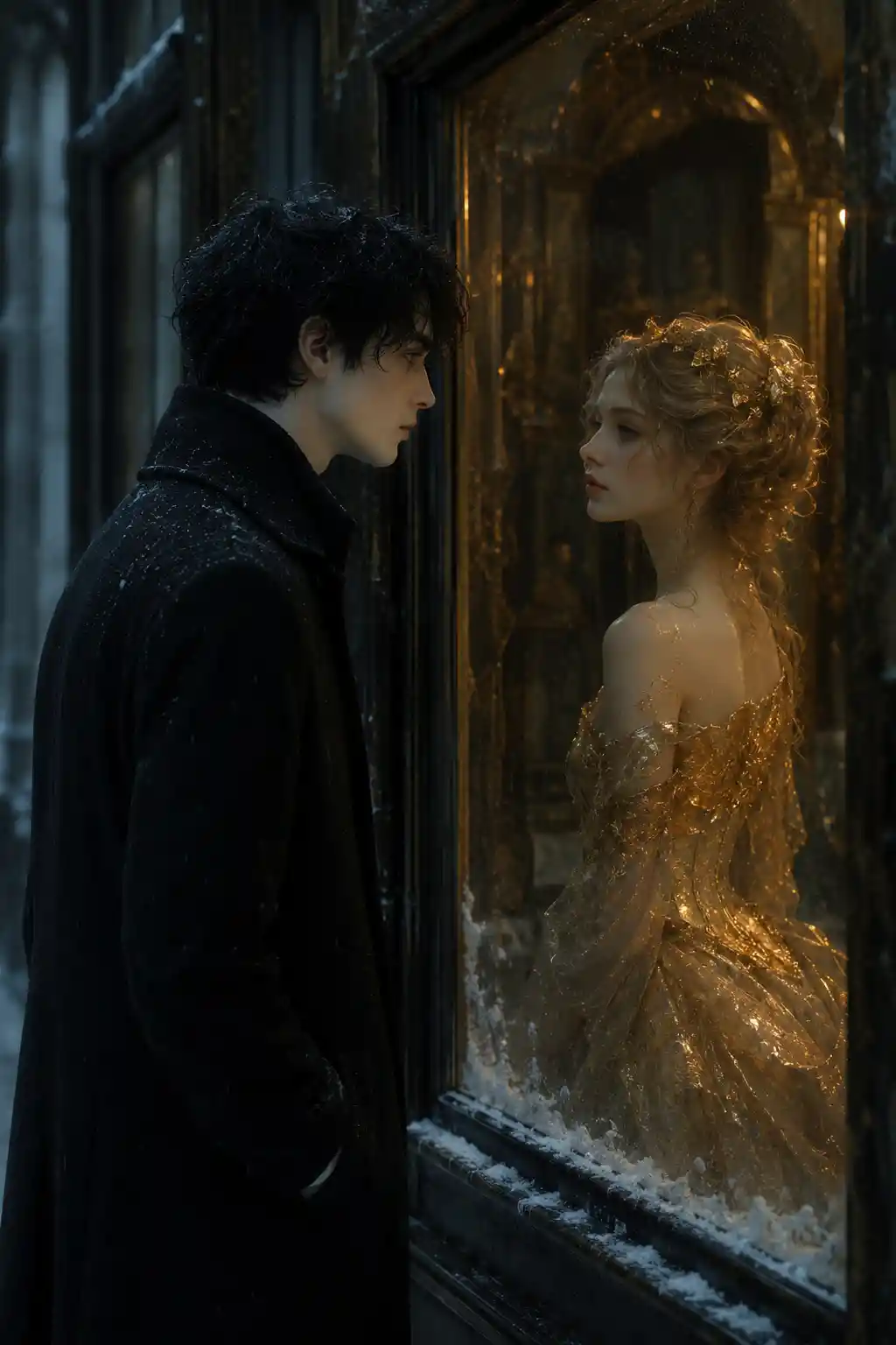 Two figures contrasted like doll and ghost in winter