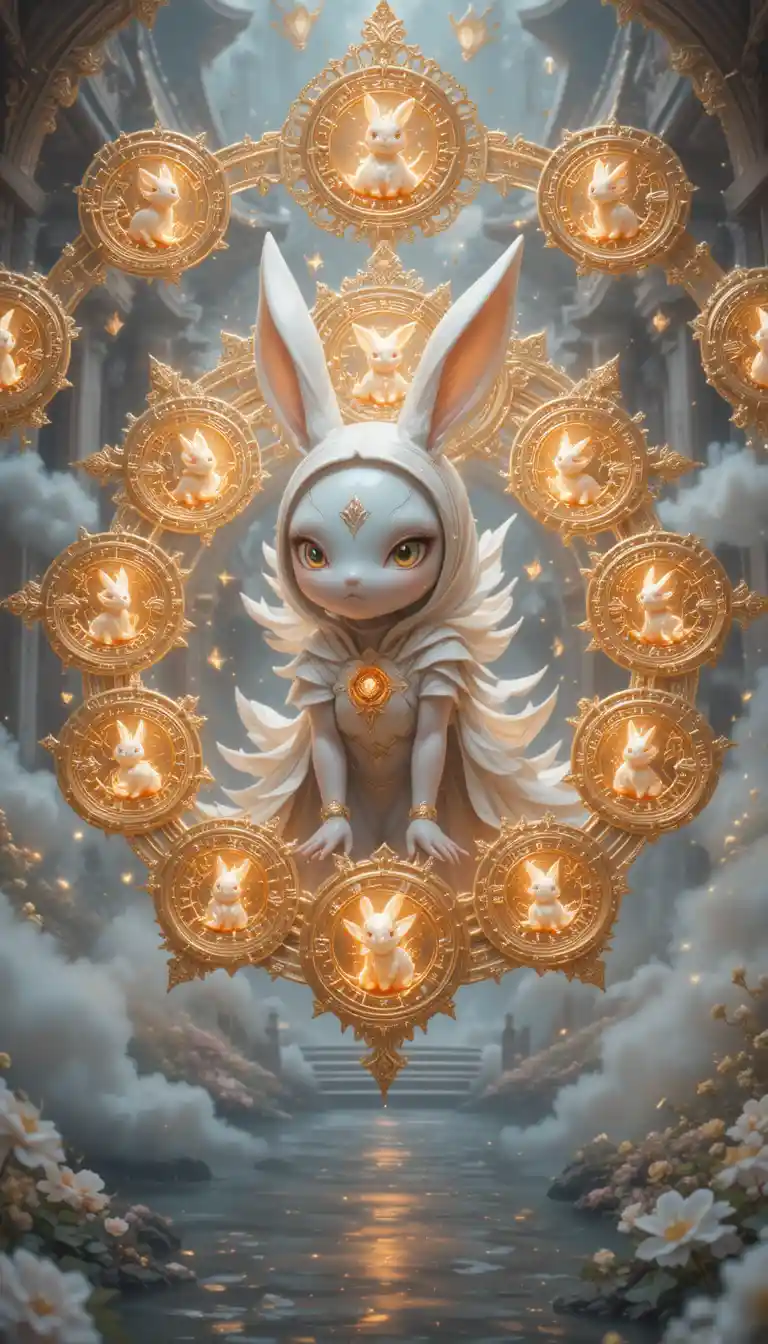 Mythical bunny spirit in glowing gold palace close up