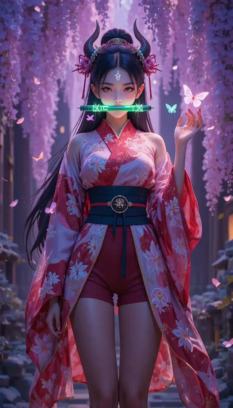 Anime demon girl with glowing runes and wisteria blossoms