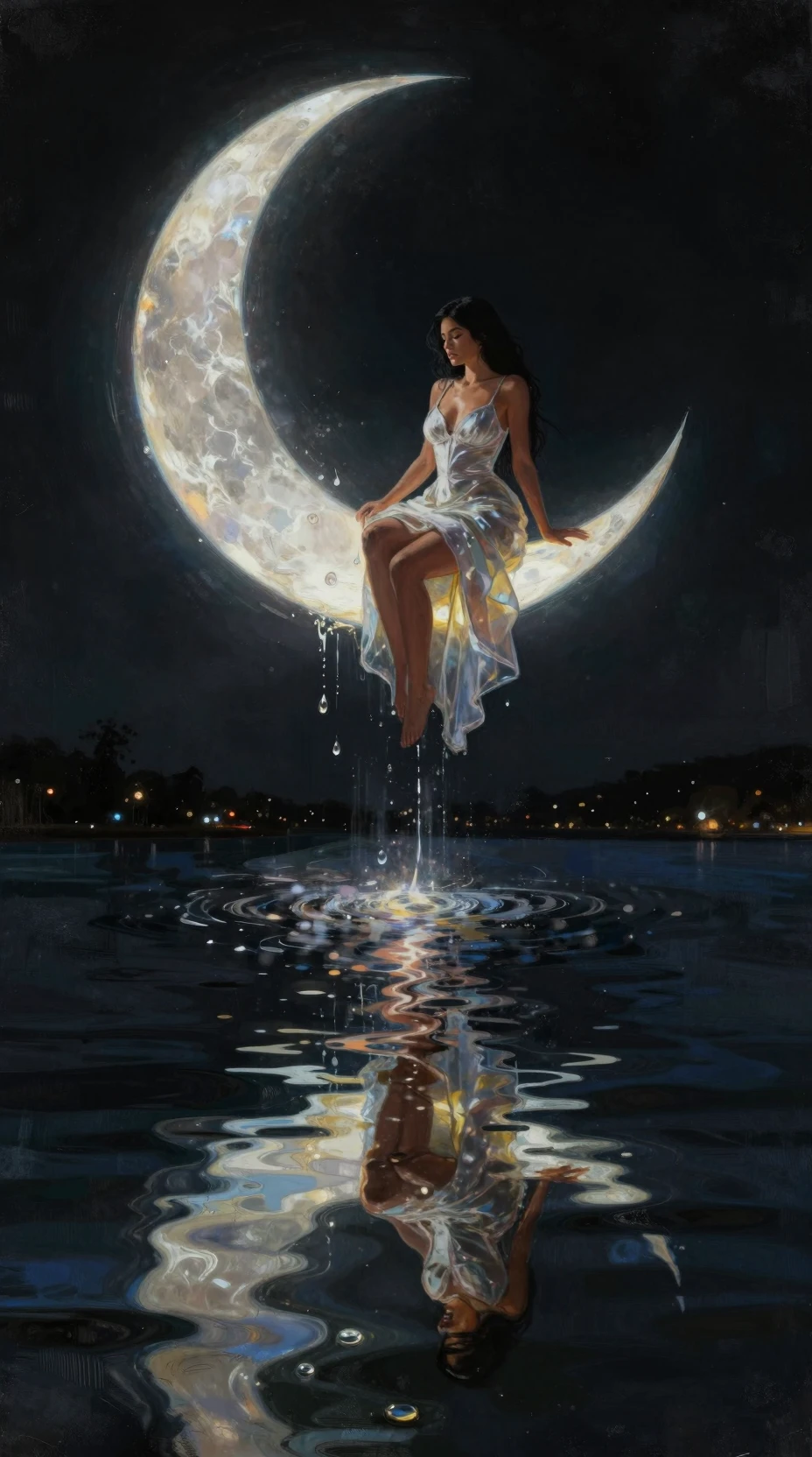 Mujer romántica en luna creciente sobre un lago tranquilo