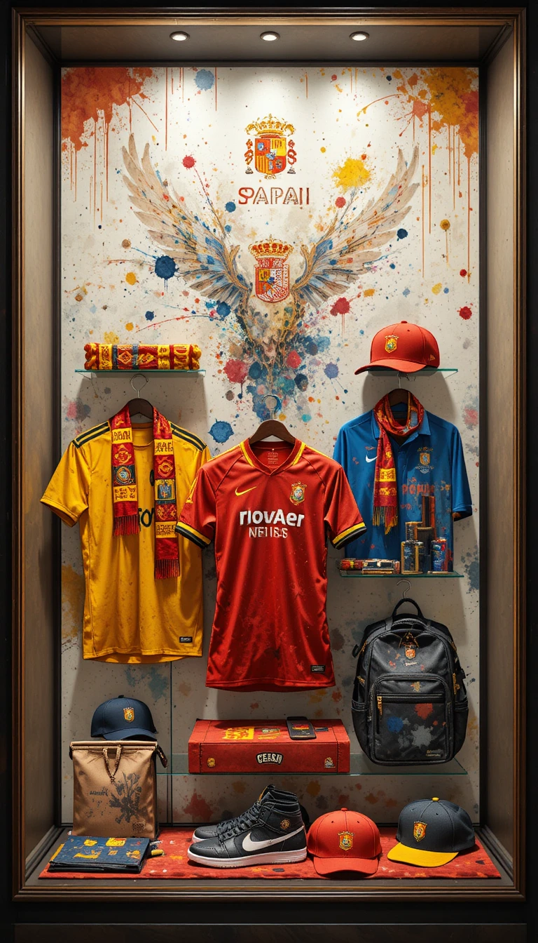 Spain football fan merchandise in artistic showcase display