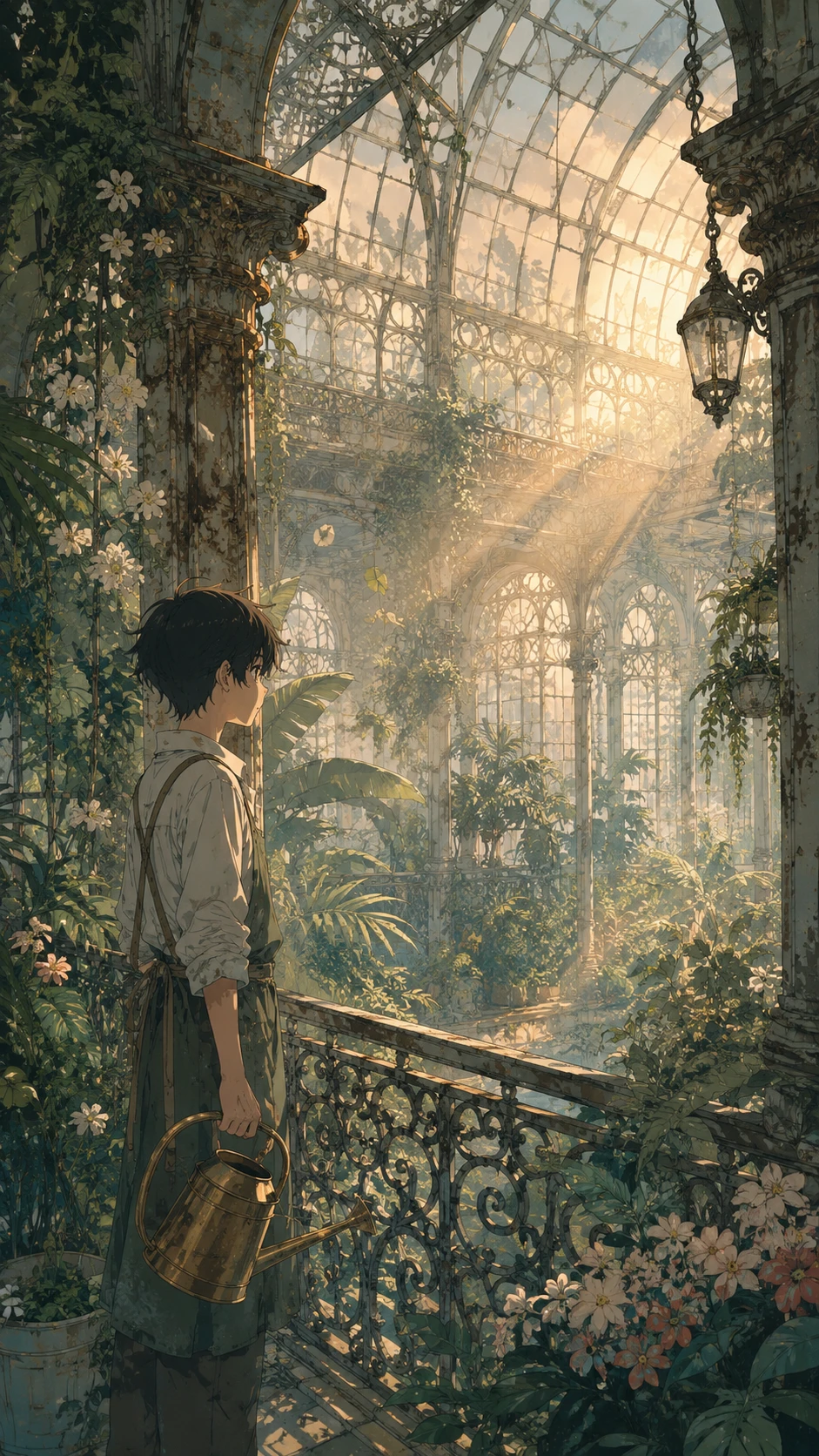 Anime gardener boy on balcony in misty glass conservatory