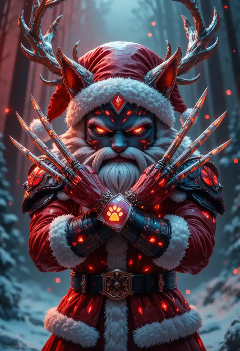 Close up fantasy cat Santa with crossed rune claws