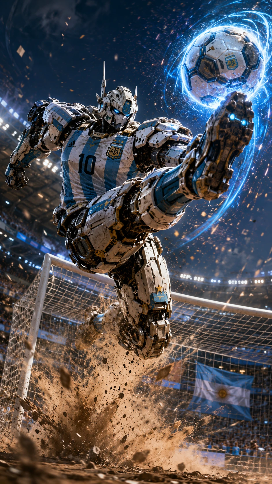 Futuristic mecha kicking an energy soccer ball mid air