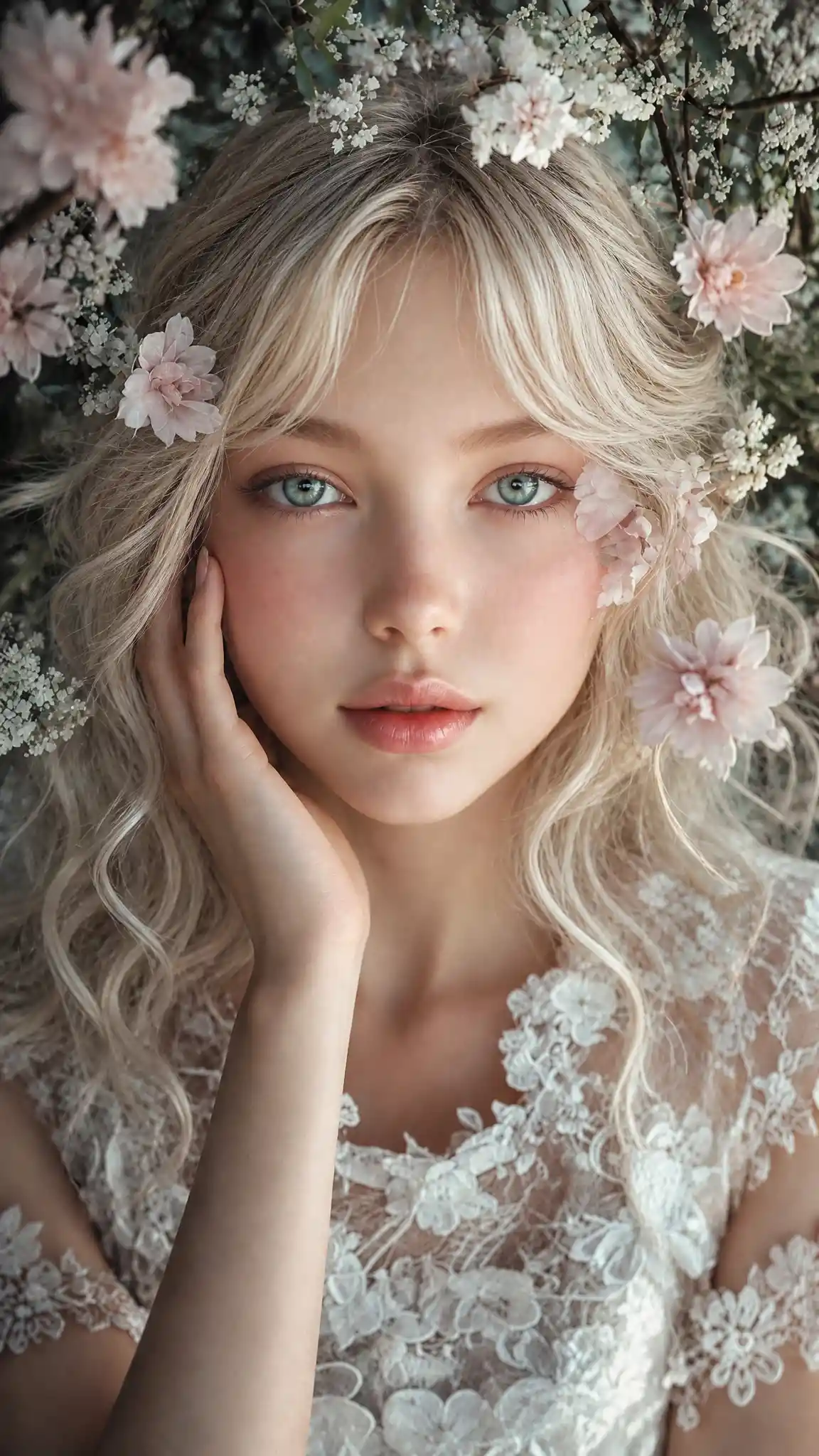 Dreamy portrait of a beautiful girl with wavy platinum hair