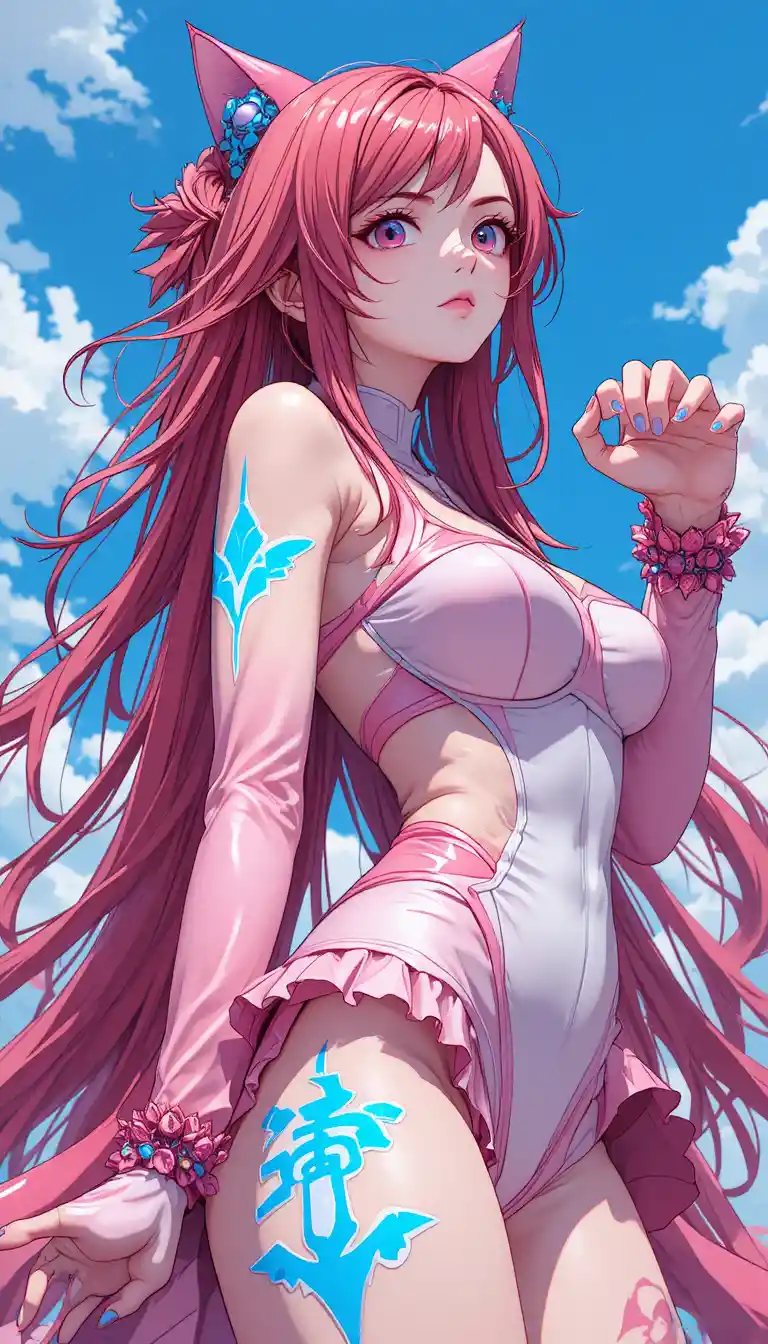 Anime warrior woman with giant pink cat paw gauntlets