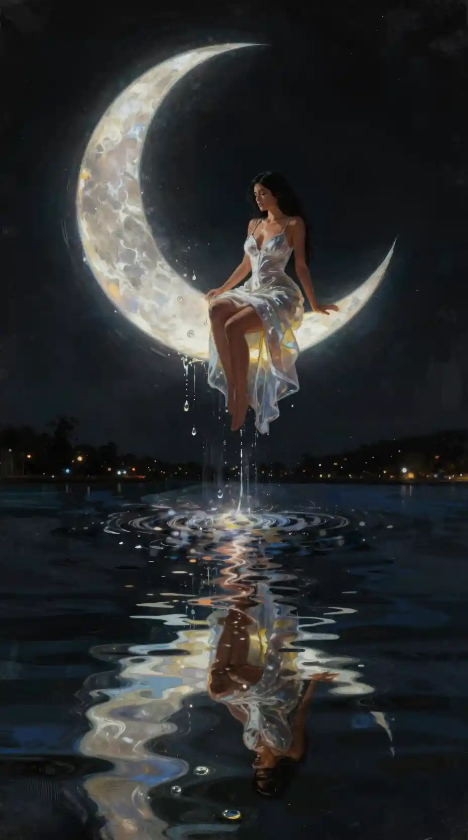 Donna romantica su luna crescente sopra un lago tranquillo