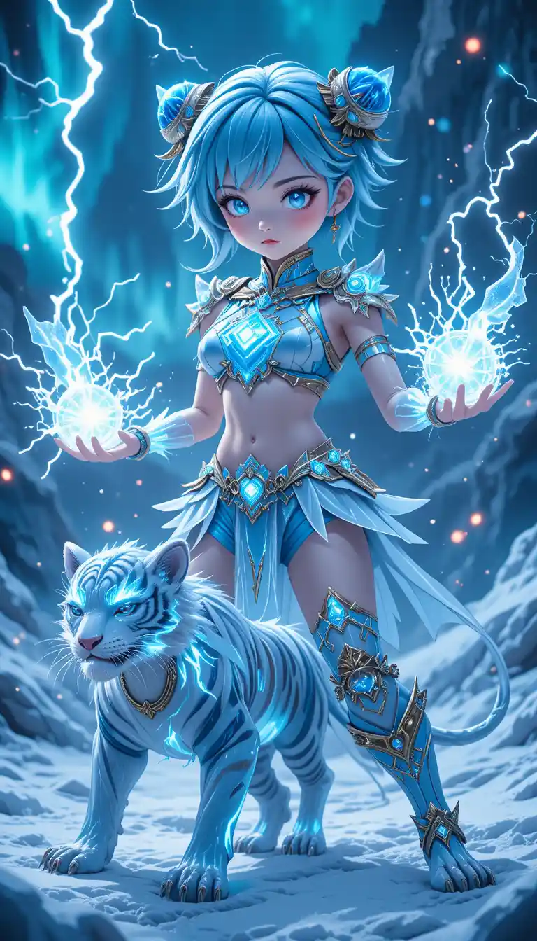 Anime ice warrior woman with electric powers and tiger