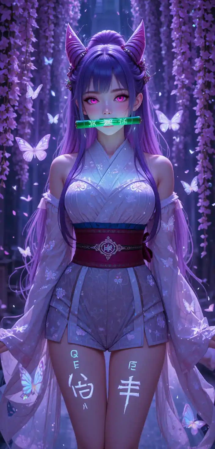 Anime demon girl with glowing runes and bamboo gag