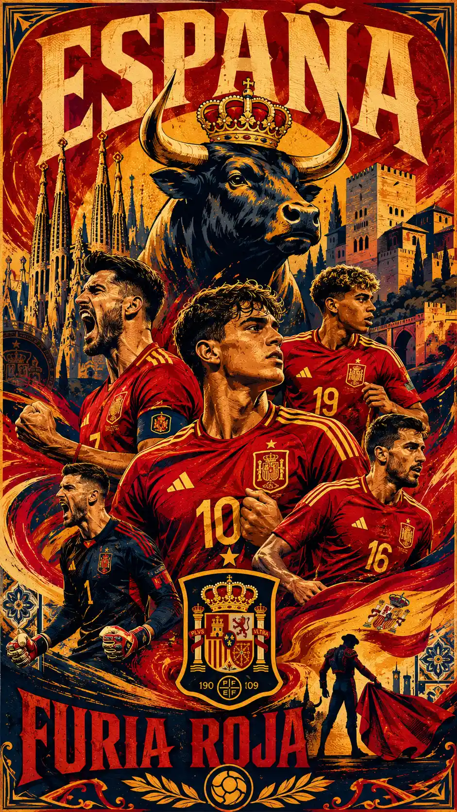 Retro Spanish soccer poster with bold bull and landmarks
