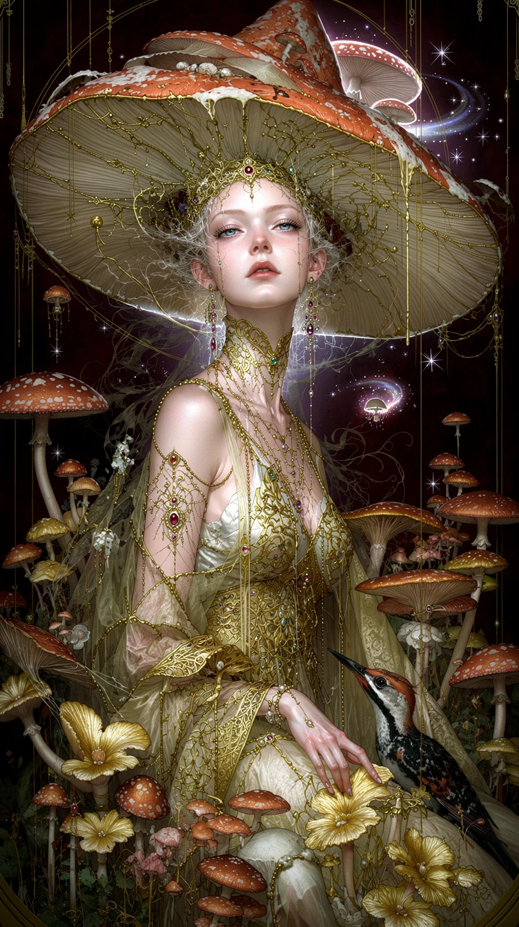 Retrato Surreal de Reina de los Hongos en Estilo Ilustración de Fantasía