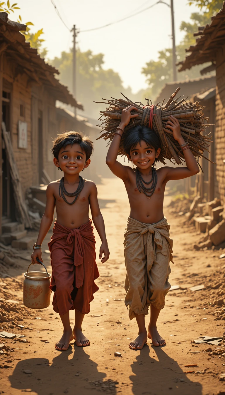 Poor village family boys helping father with firewood