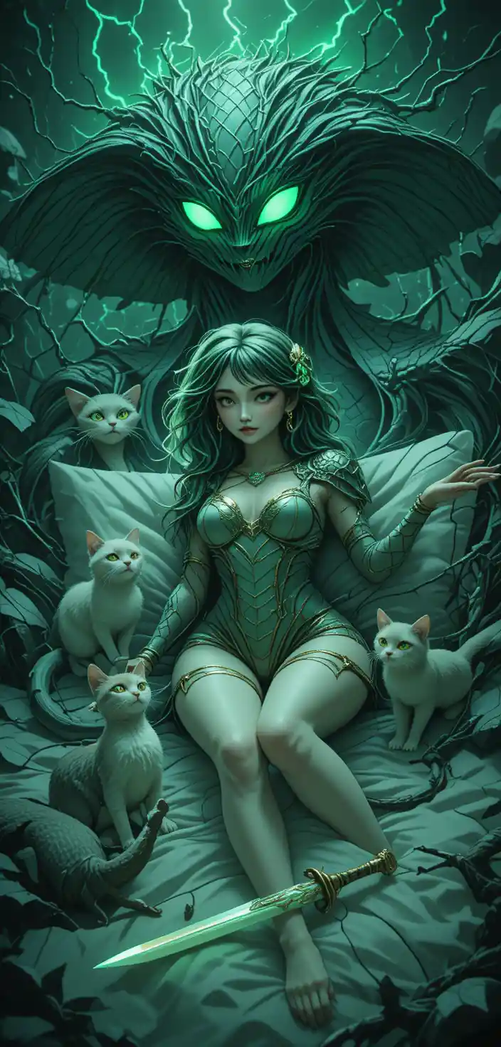 Girl in bed with giant glowing serpent spirit guardian