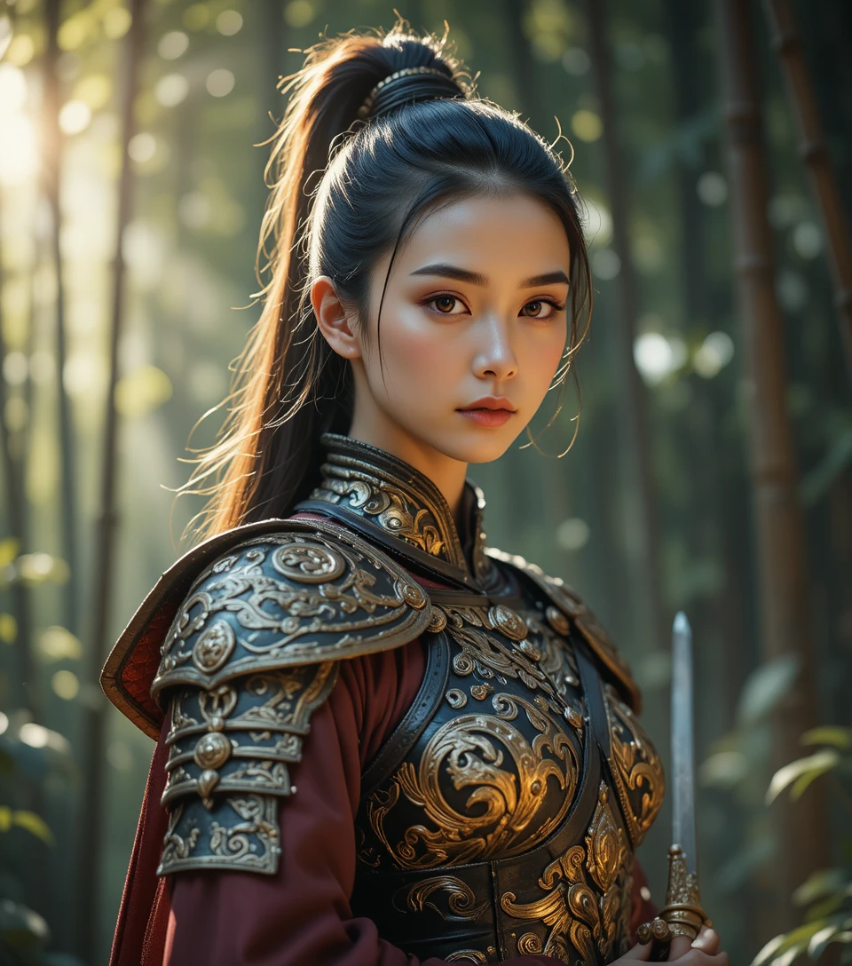Asian warrior woman in armor in a bamboo forest