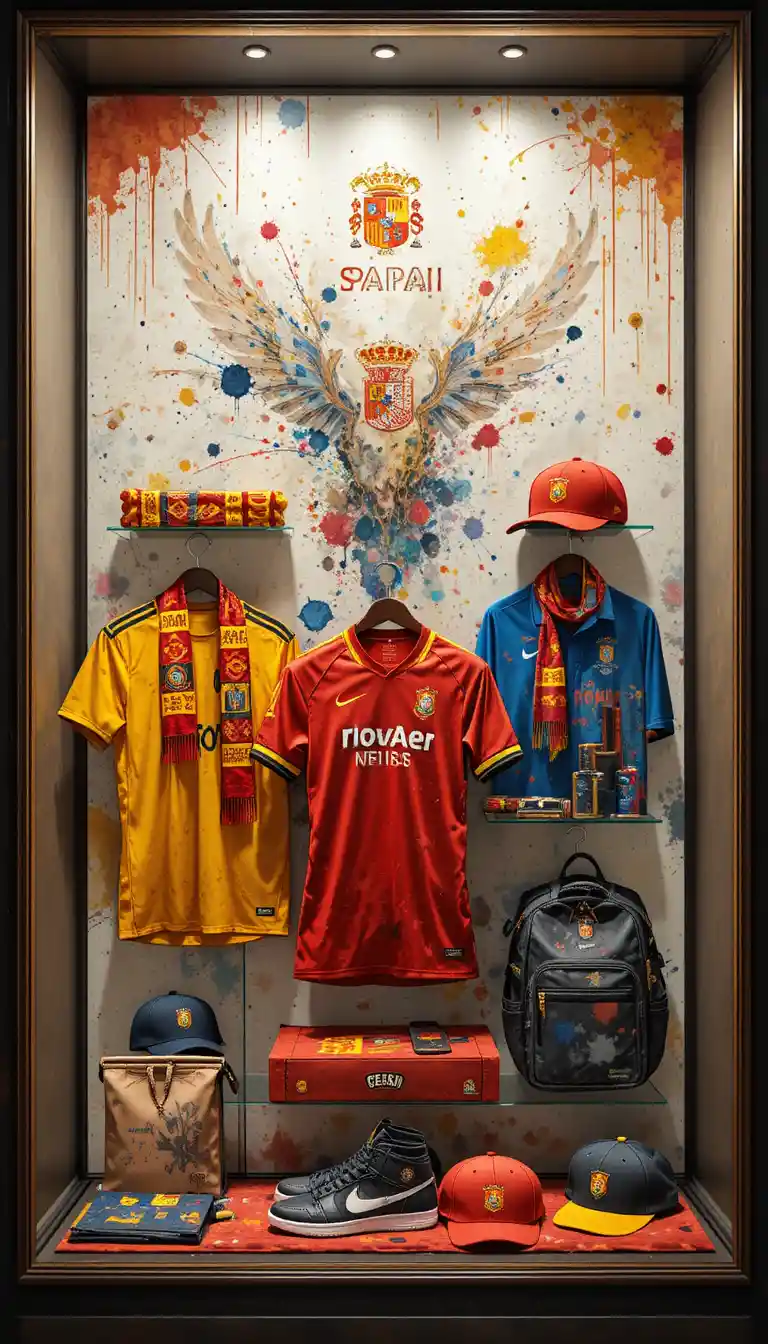 Spain football fan merchandise in artistic showcase display