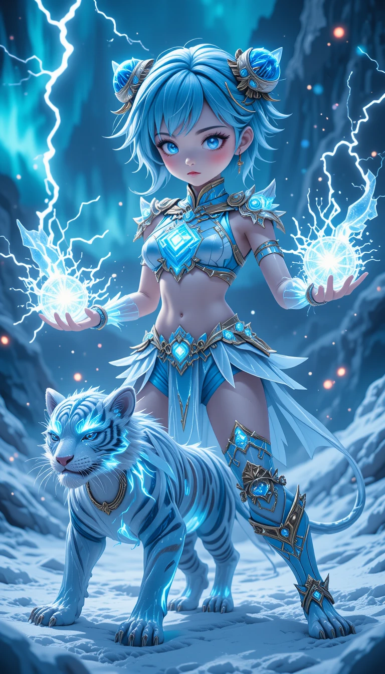 Anime ice warrior woman with electric powers and tiger