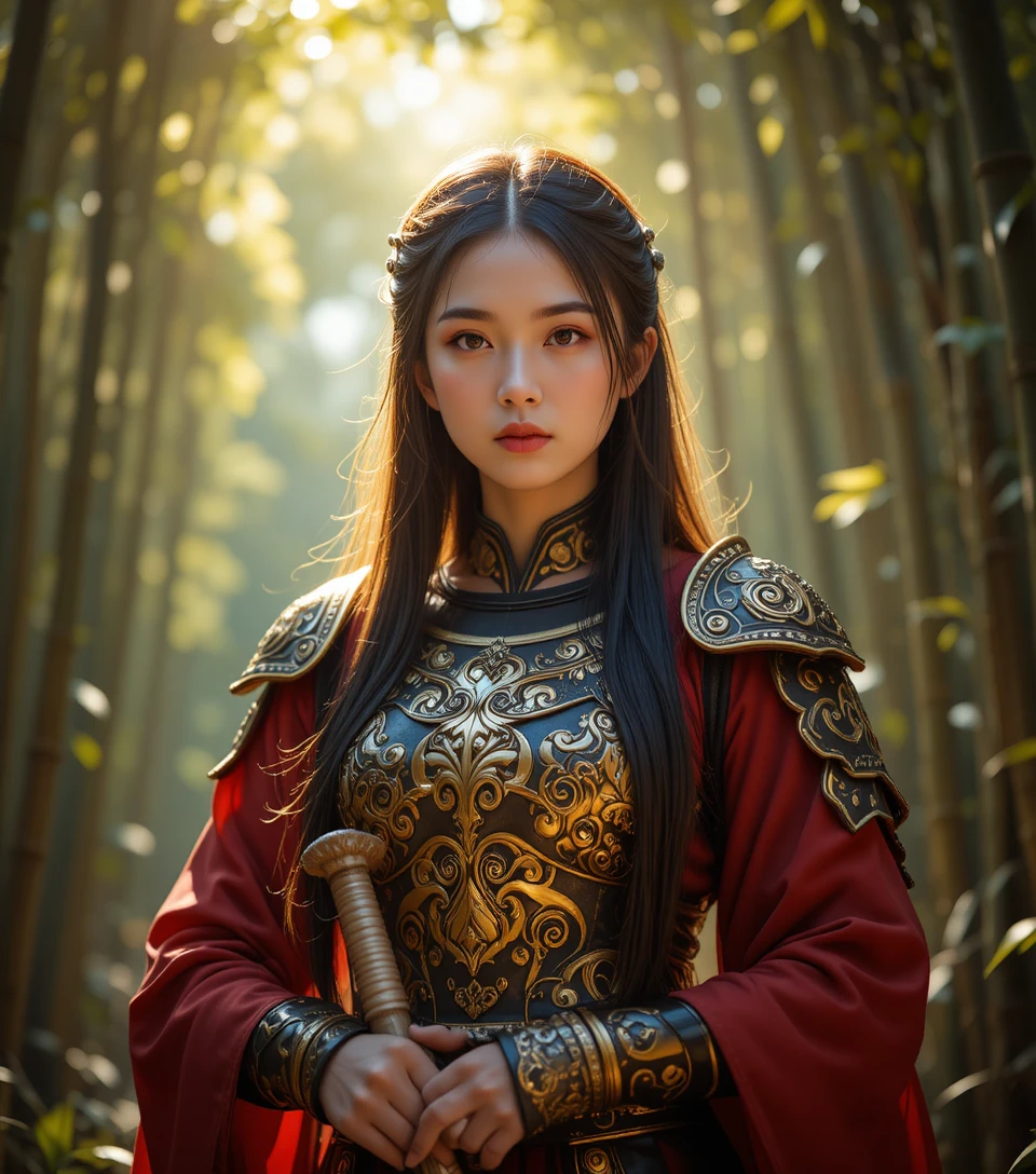 Asian woman warrior standing in a sunlit bamboo forest