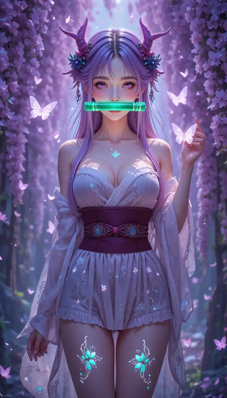 Anime demon girl with glowing runes in wisteria forest