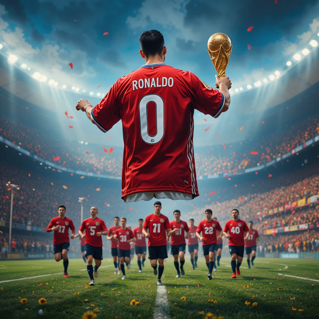 Floating soccer jersey chased by cheering jersey clad fans