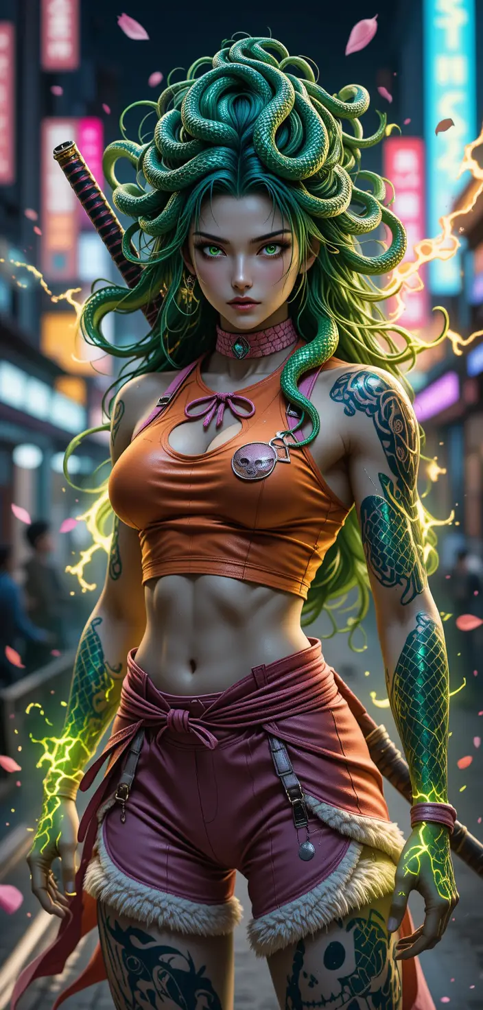 Snake haired warrior woman with glowing eyes and lightning arms