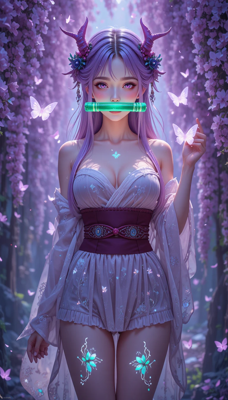 Anime demon girl with glowing runes in wisteria forest