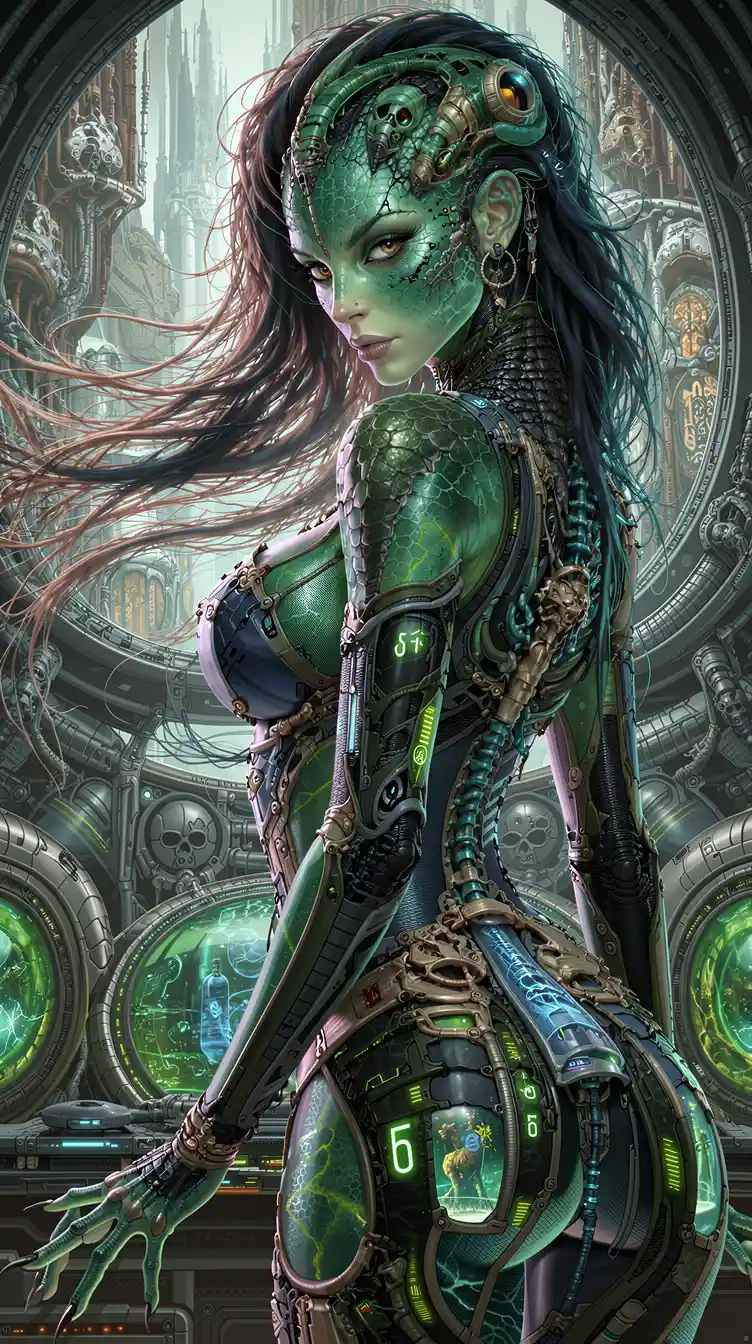 Futuristic reptilian woman with glowing eyes in sci fi city