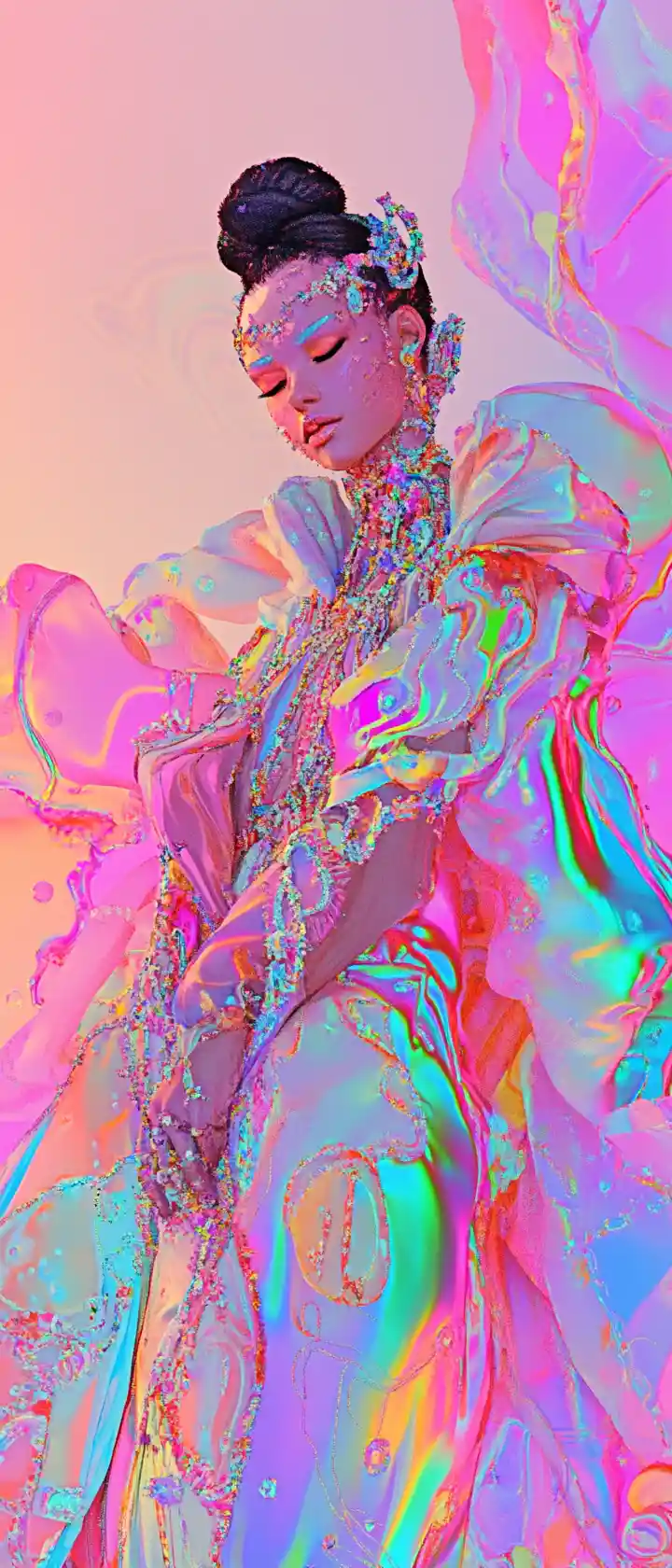 Baroque fantasy woman dancing in pastel metallic gown