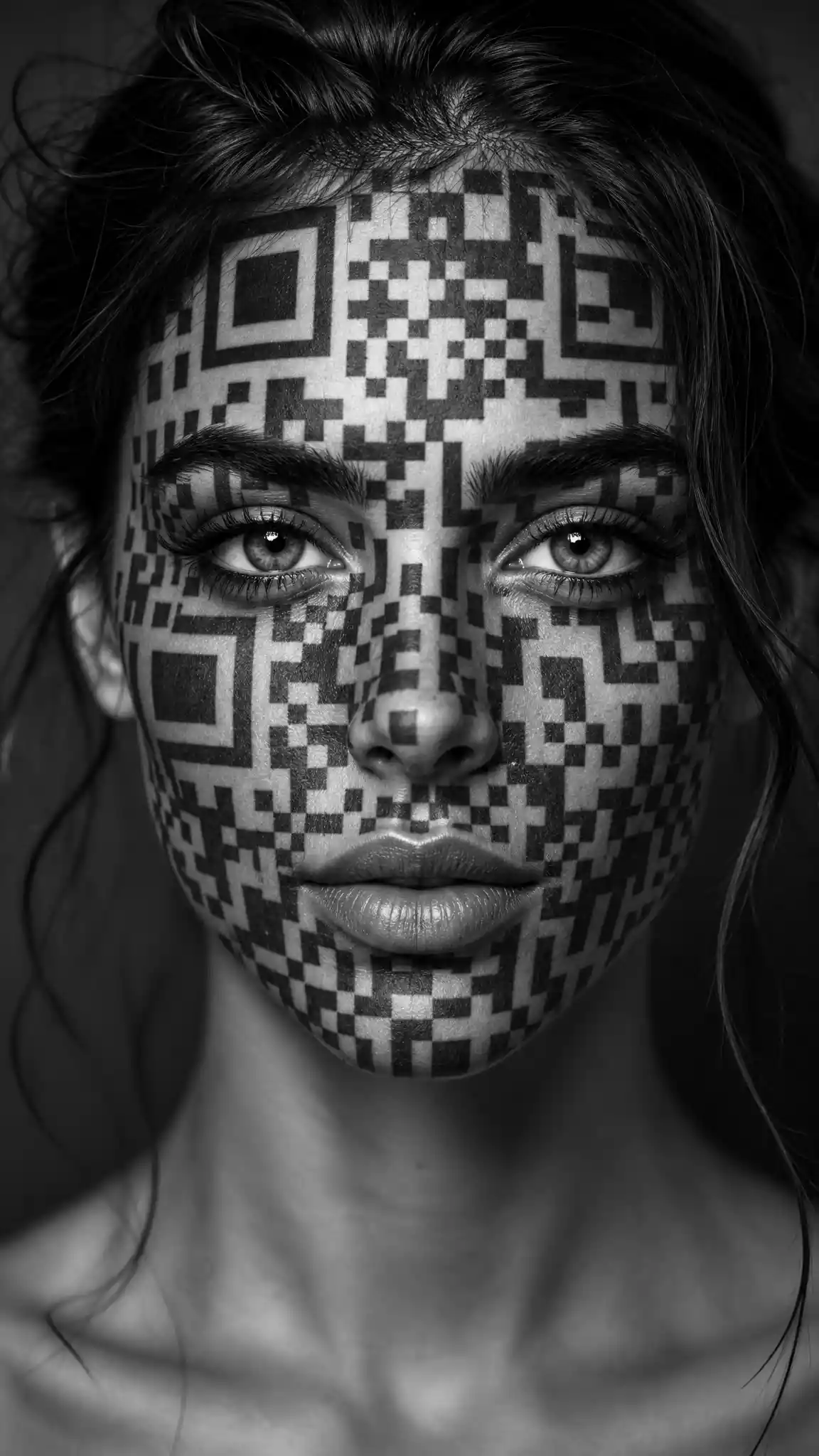 Black and white portrait of woman with barcode face tattoo
