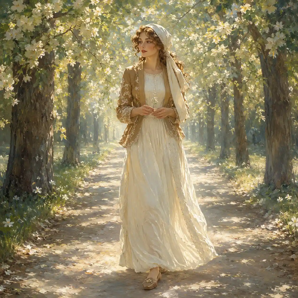 Young woman walking under sunlit linden trees