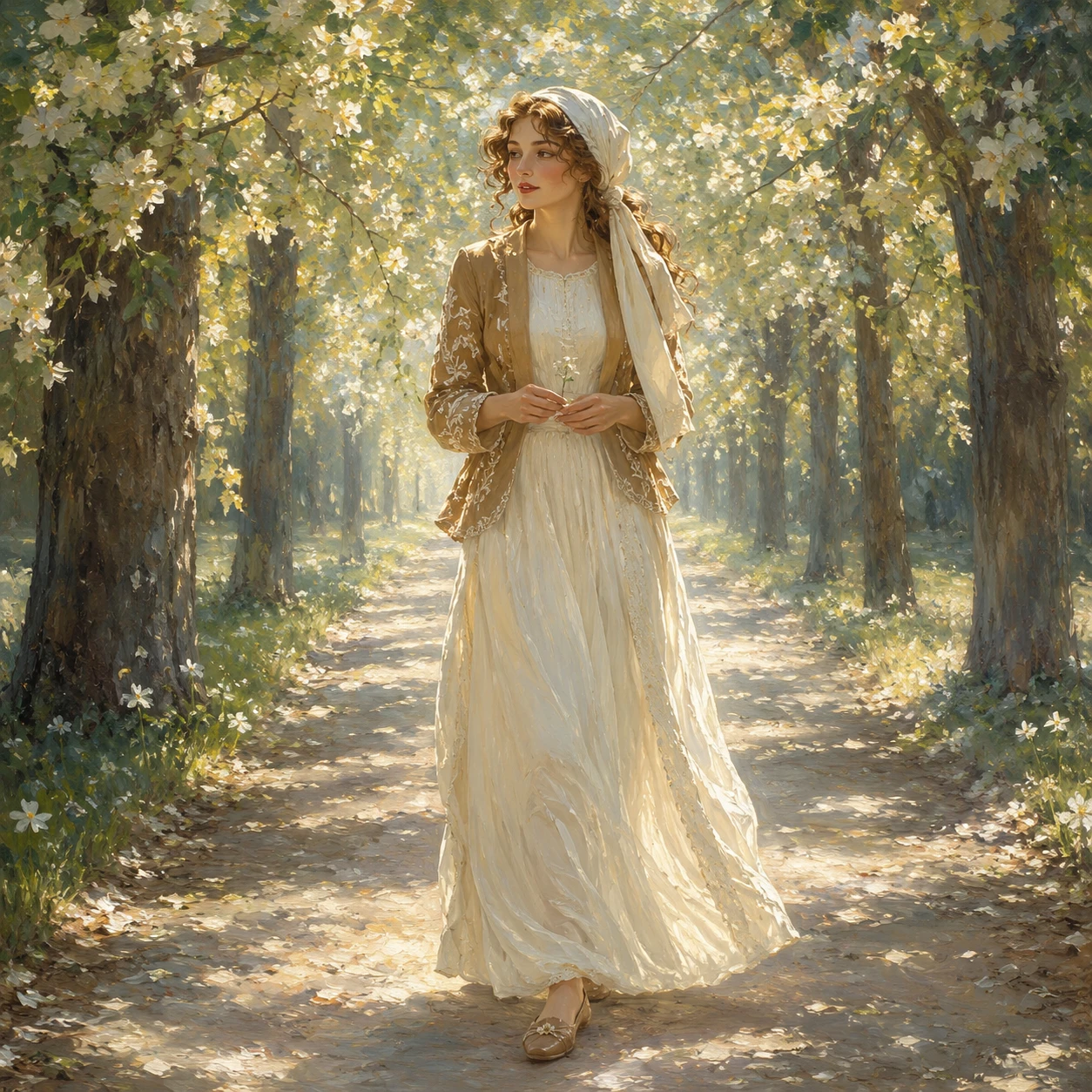 Young woman walking under sunlit linden trees
