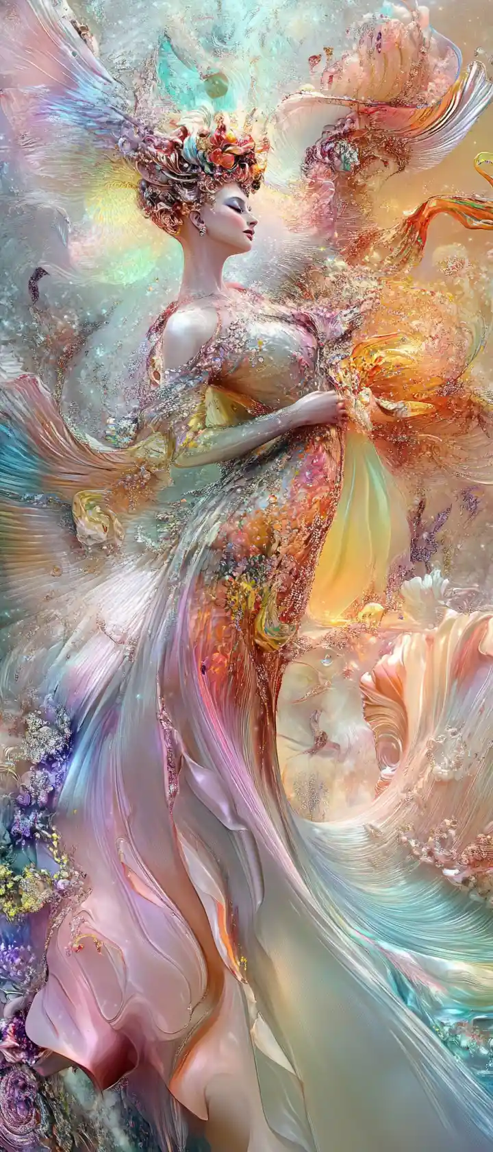 Glamorous woman in baroque gown with colorful abstract backdrop