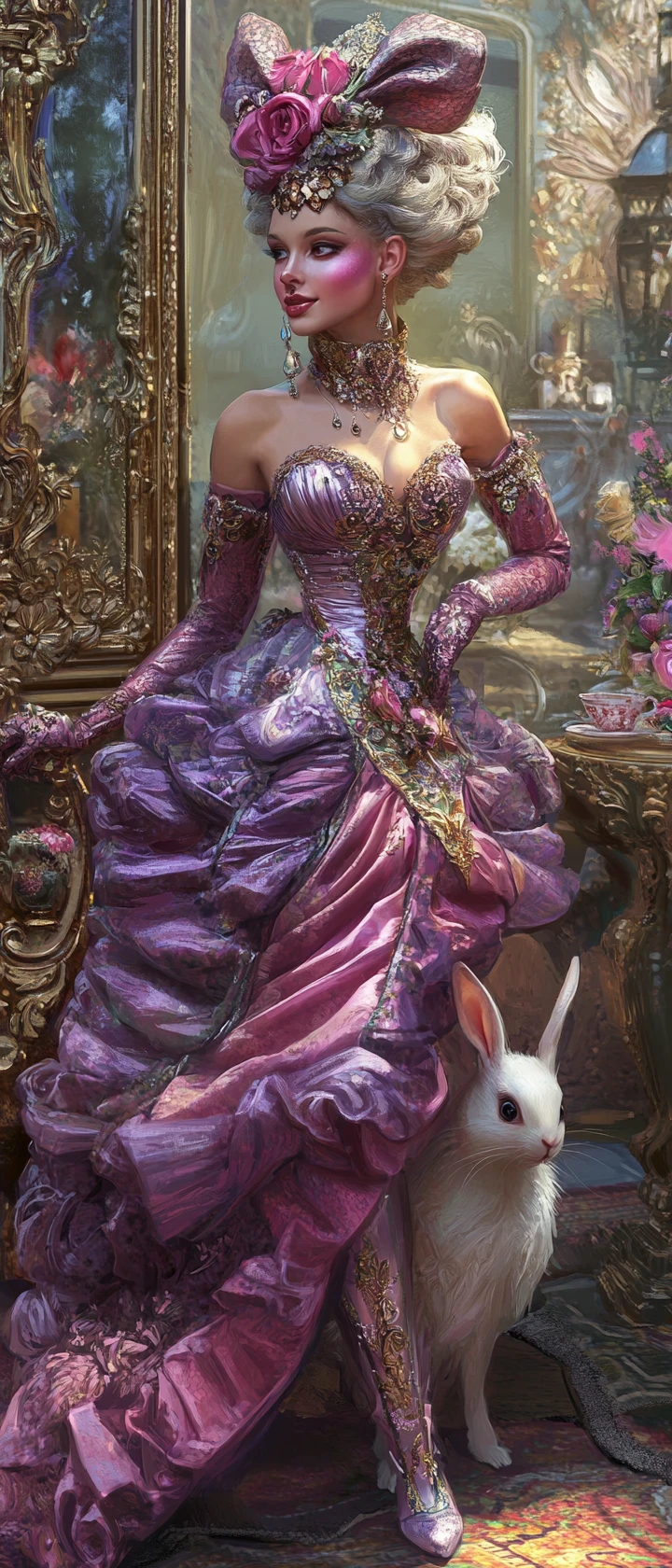 Baroque fantasy gown figure dancing in wide colorful space