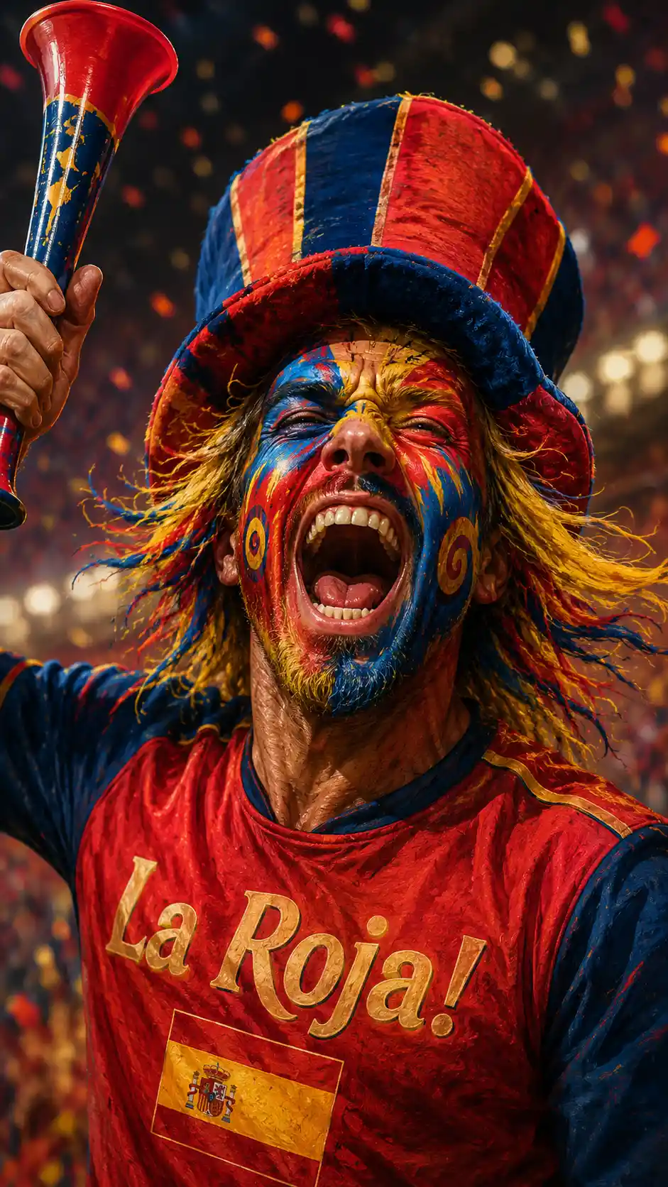 Ecstatic soccer fan painted in bold red and blue colors