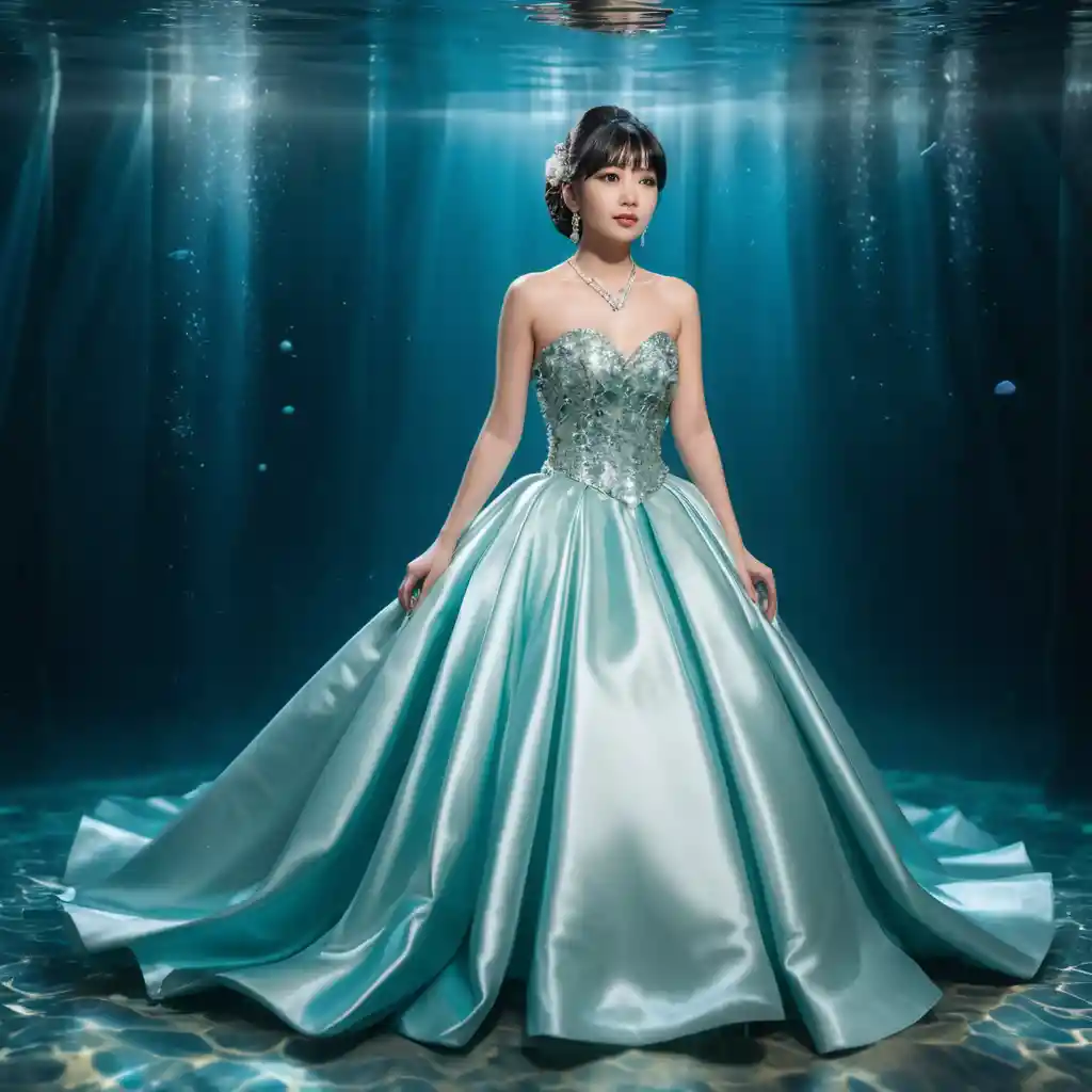 Ragazza elegante in abito di raso lucido sott’acqua in vista a figura intera