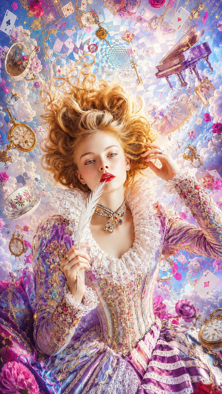 Mujer con vestido pastel metálico transformado y iluminación intensa