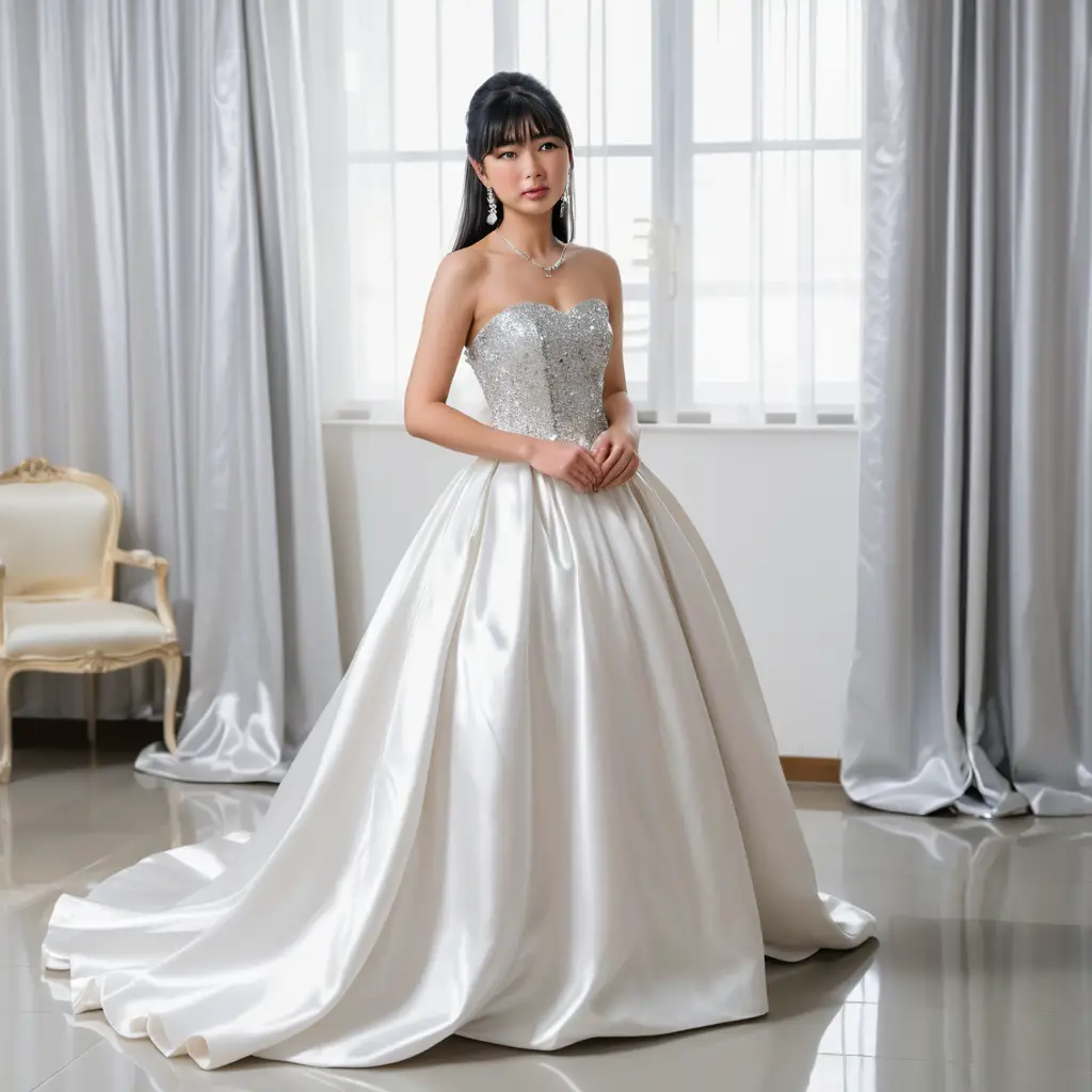 Elegant Japanese girl in white satin strapless ball gown