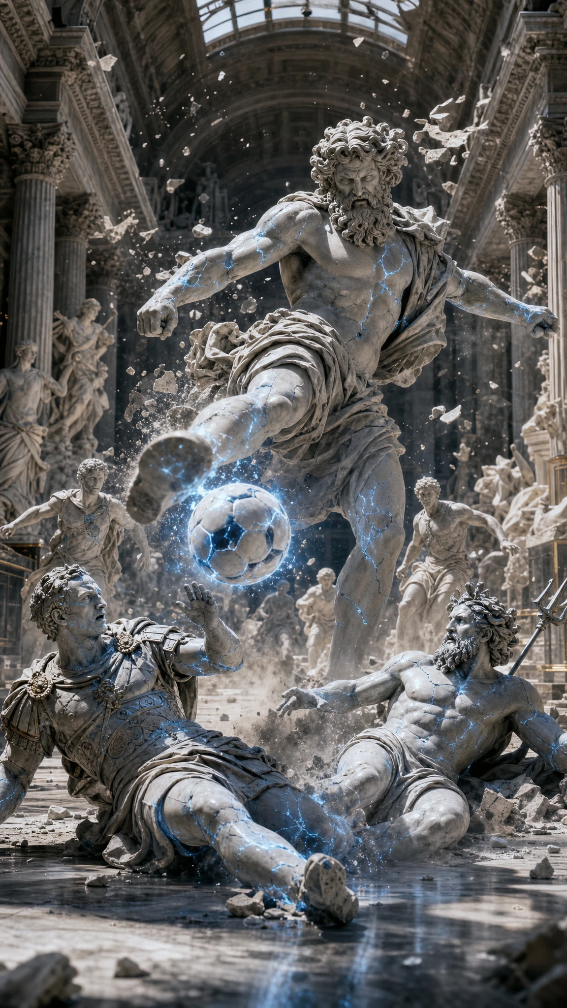 Ancient marble gods playing soccer in a grand museum