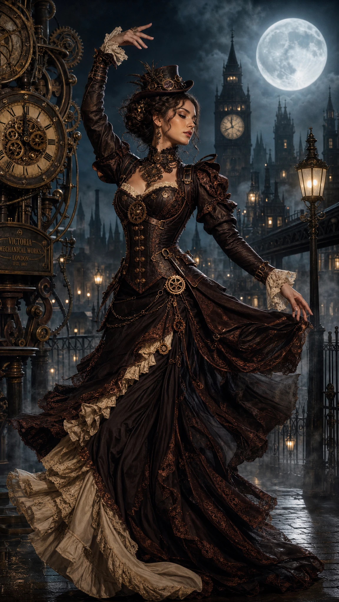Steampunk dancer posing in a misty Victorian city night