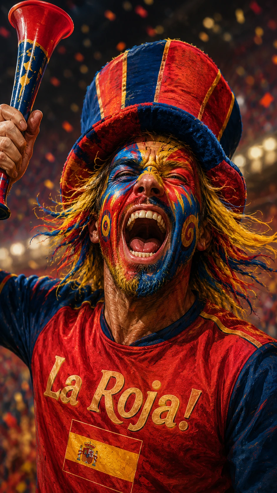 Ecstatic soccer fan painted in bold red and blue colors