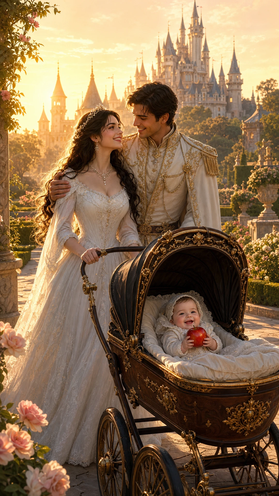 Princess and prince walking with a baby in a palace garden