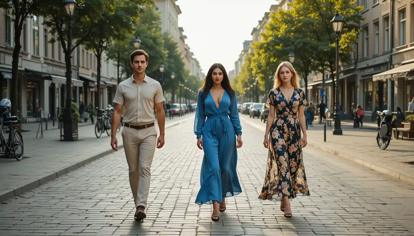 Three adults walking together on a sunny city street