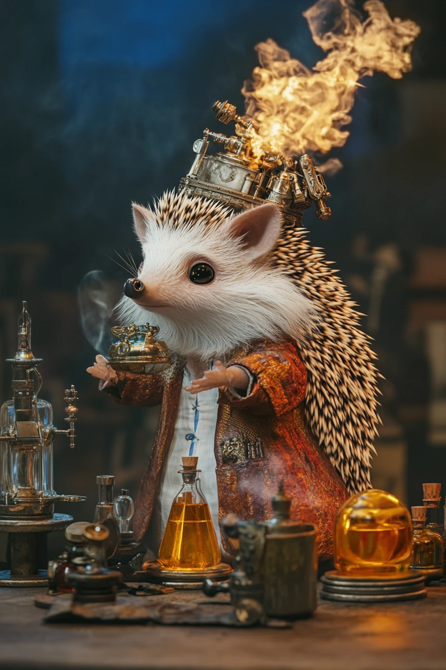 Adorable erizo alquimista en una escena de ilustración fantástica