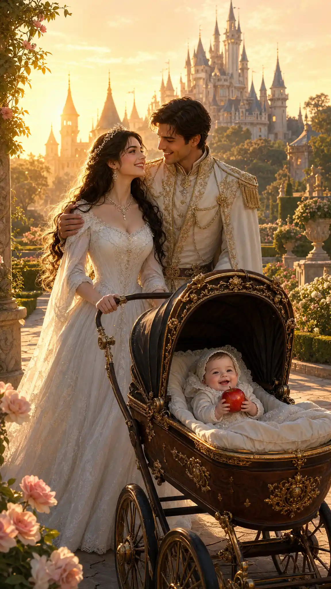 Princess and prince walking with a baby in a palace garden