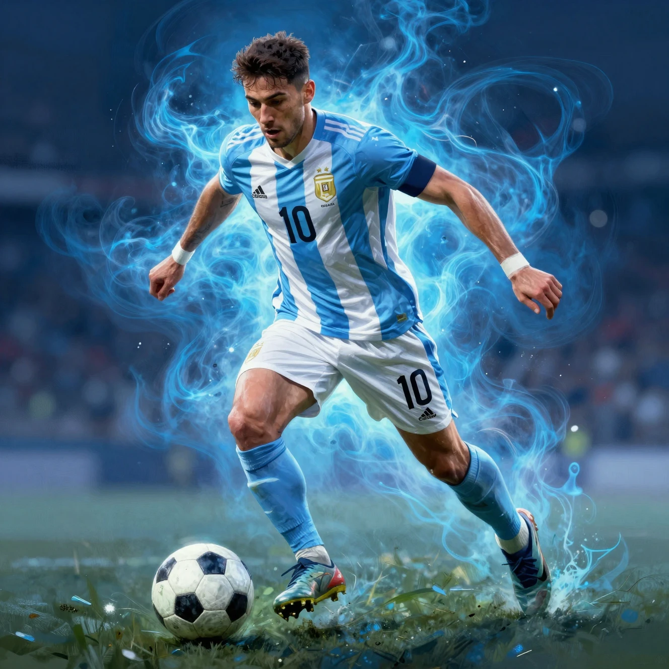 Dynamic soccer player dribbling through swirling blue energy