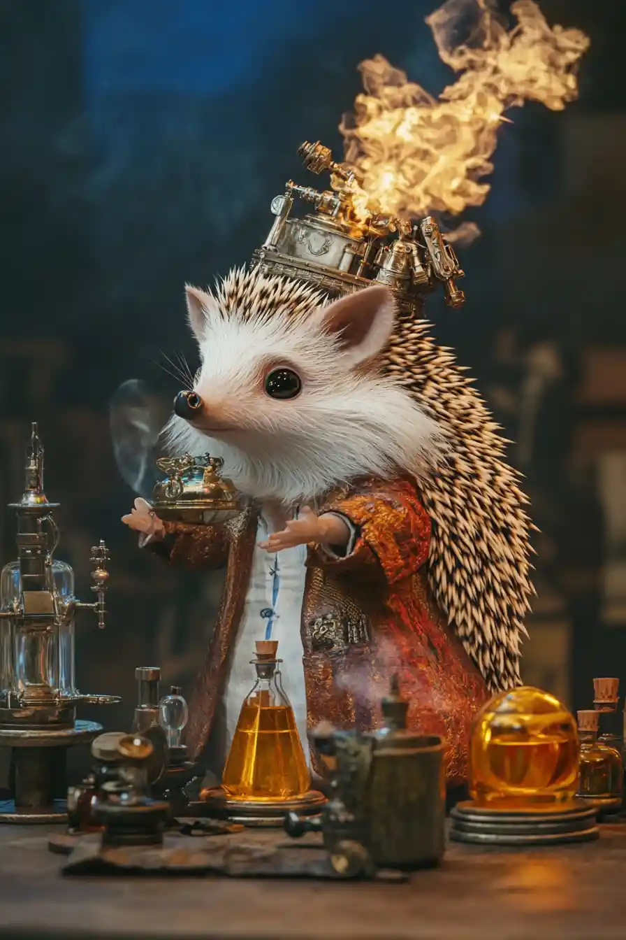 Cute hedgehog alchemist in a fantasy illustration scene