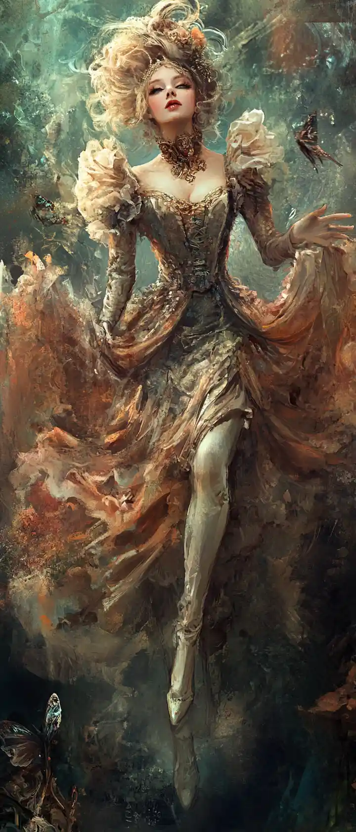 Baroque fantasy woman dancing in metallic pastel gown