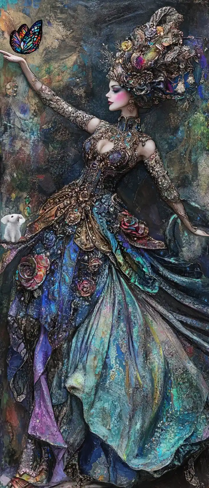 Baroque fantasy woman dancing in pastel metallic gown