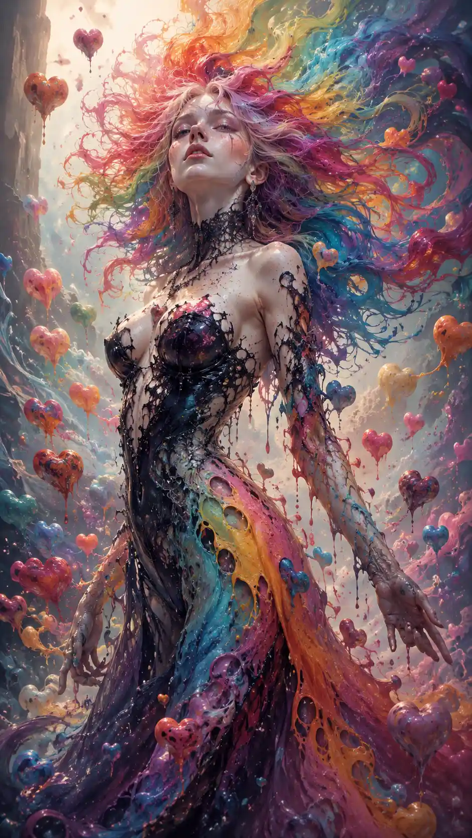 Surreal Gothic Siren With Rainbow Hair In Abstract Hearts