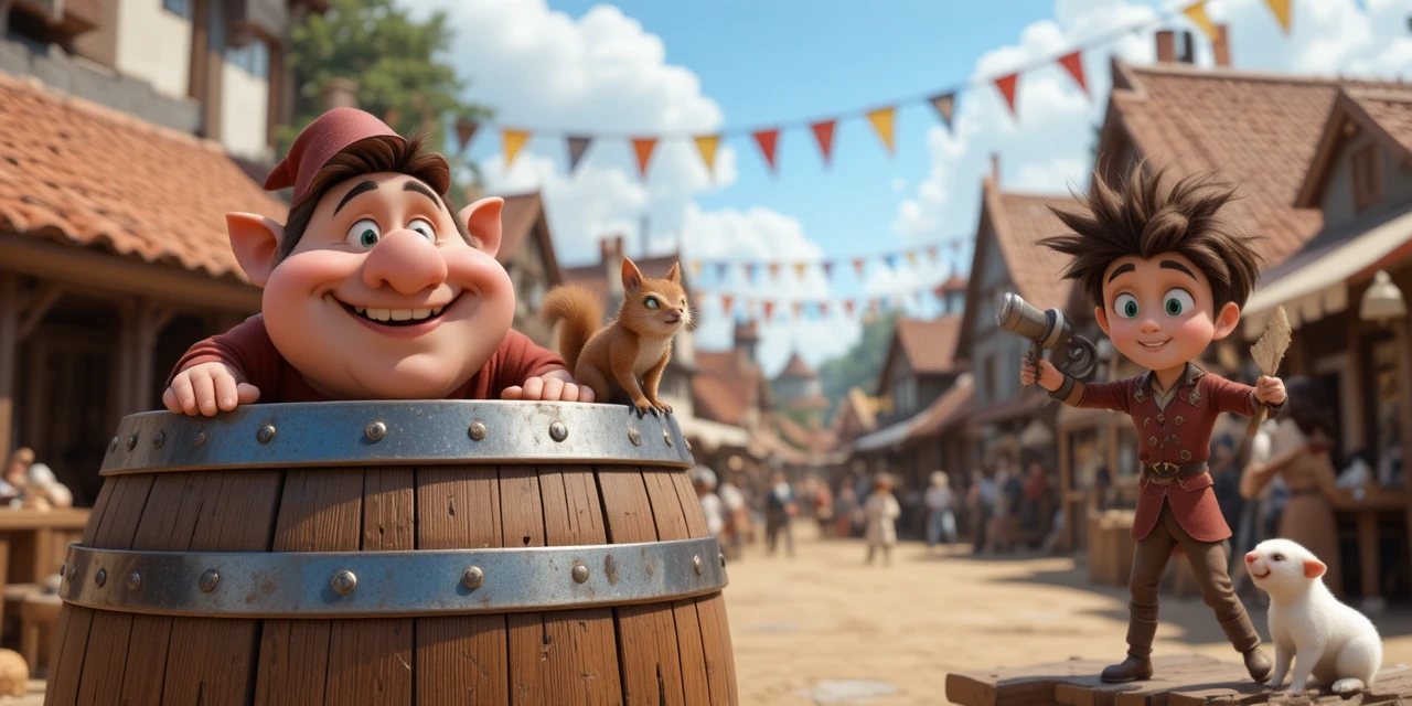 Playful animals and villagers around a barrel at fair